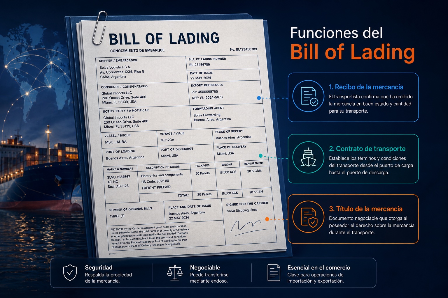 Bill of Lading de ejemplo con sus campos y sus tres funciones