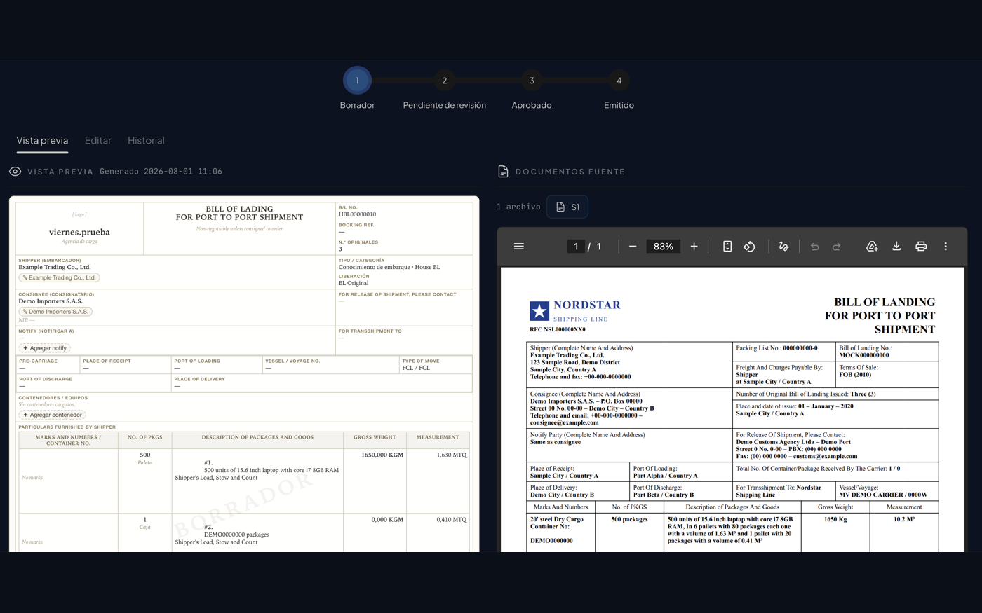 Borrador del Bill of Lading junto al documento fuente para verificar