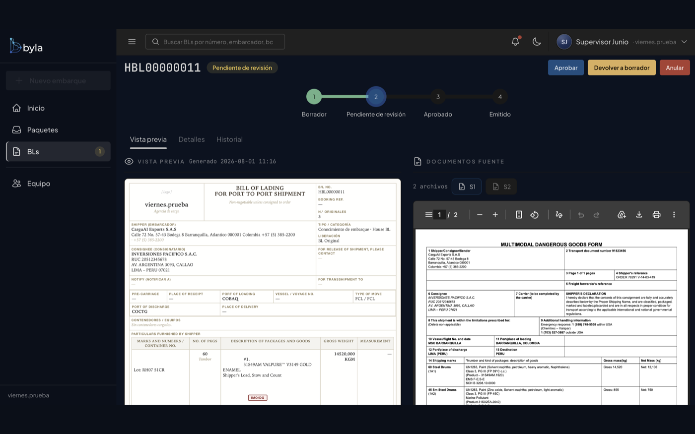 Supervisor revisando y aprobando el Bill of Lading en BYLA